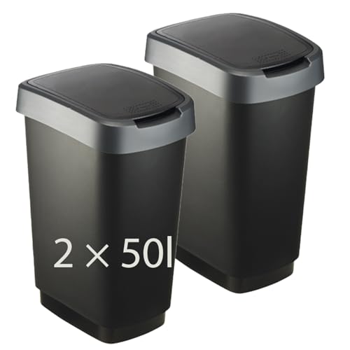 Rotho Twist 2er-Set Mülleimer 50l mit Deckel, als Schwing oder Klappdeckel nutzbar, Kunststoff (PP) BPA-frei, 50l (40.1 x 29.8 x 60.2 cm) von Rotho