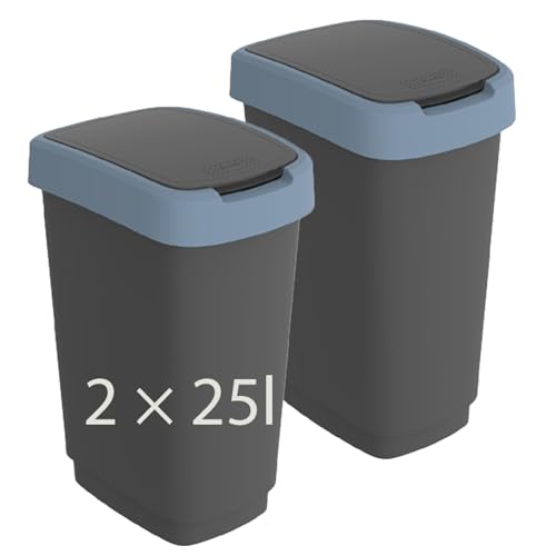Rotho Twist 2er-Set Mülleimer mit Deckel (blau/anthrazit, 2x25l) von Rotho