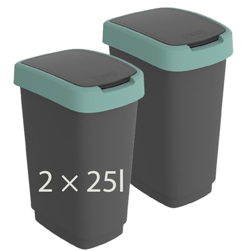 Rotho Twist 2er-Set Mülleimer mit Deckel (grün/anthrazit, 2x25l) von Rotho