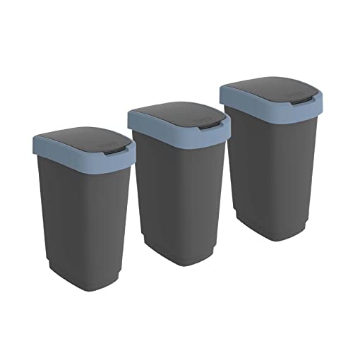 Rotho Twist 3er-Set Mülleimer 50l mit Deckel, Kunststoff (PP) BPA-frei, schwarz/blau, 3x 50l (40.1 x 29.8 x 60.2 cm) von Rotho