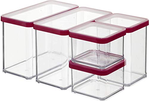 Rotho Loft 5er-Set Vorratsdosen mit Deckel verschiedene Größen, lebensmittelechter Kunststoff (PP) BPA-frei, transparent/rot, 2 x 2.1l, 1 x 1.0l, 2 x 0.5l (30.0 x 21.0 x 15.0 cm) von Rotho