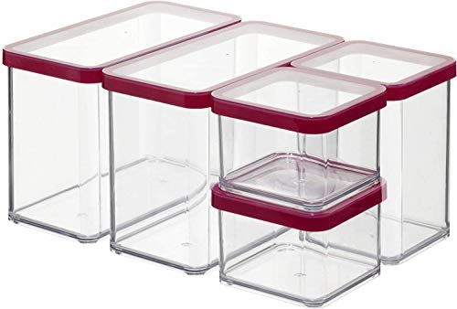 Rotho Loft 5er-Set Vorratsdosen mit Deckel verschiedene Größen, lebensmittelechter Kunststoff (PP) BPA-frei, 2 x 2.1l, 1 x 1.0l, 2 x 0.5l (30.0 x 21.0 x 15.0 cm) (transparent/rot) von Rotho
