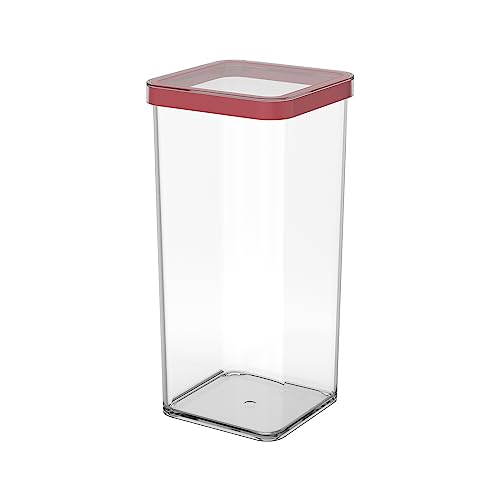 Rotho Loft quadratische Vorratsdose 1.5l mit Deckel und Dichtung, Kunststoff (SAN) BPA-frei, transparent/rot, 1.5l (10.0 x 10.0 x 21.4 cm) von Rotho