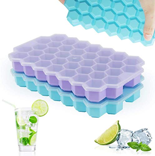 Rottay Eiswürfelform, 37-Fach Eiswuerfel Form 2er Pack Silikon Eiswürfelbehälter Mit Deckel Ice Cube Tray, Stapelbar Eiswürfelformen für Whisky Cocktails Saft Schokolade Süßigkeiten (blau + violett) von Rottay