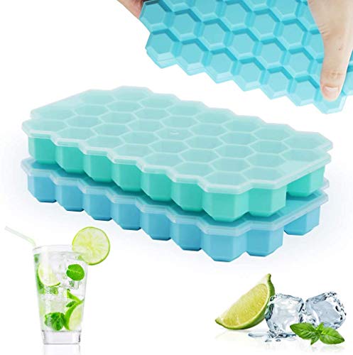 Rottay Eiswürfelform, 37-Fach Eiswuerfel Form 2er Pack Silikon Eiswürfelbehälter Mit Deckel Ice Cube Tray, Stapelbar Eiswürfelformen für Whisky Cocktails Saft Schokolade Süßigkeiten (grün + blau) von Rottay