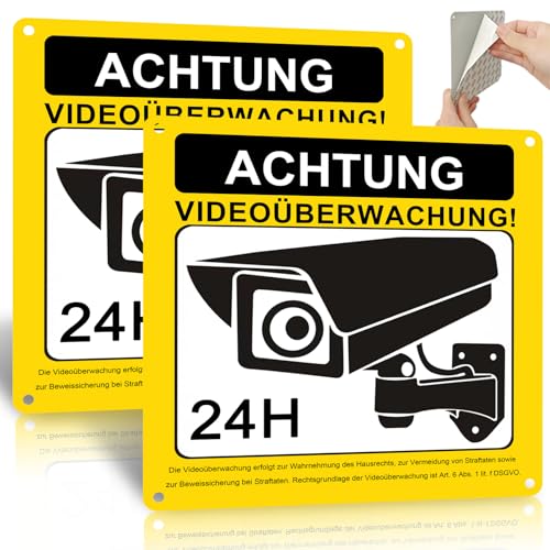 ROUMIO® 2 Stück Videoüberwachung Schild mit DSGVO Hinweis, 15x15cm Aluminium Videoüberwachung Schild Privatgrundstück, mit Selbstklebend und 4 Bohrlöcher, hochwertig gestaltet für Innen und Außen von RouMio
