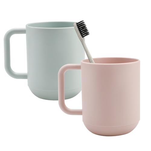 Roucerlin 2 Stück verdickte Kunststoff Zahnputzbecher mit Griff, 400 ml unzerbrechliche Wiederverwendbare Zahnbürstenhalter, multifunktionale Mundwasser Tasse für Badezimmer Camping(Blau, Grau) von Roucerlin
