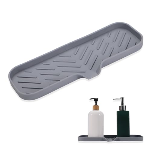 Roucerlin Badezimmer-Silikon-Seifenschale mit Ablaufauslauf, Küchenseifenablage mit Drainage, selbstentleerender Spülbecken-Schwammhalter, Matten-Organizer für Spender, Schrubber, Flaschenzähler (L, von Roucerlin
