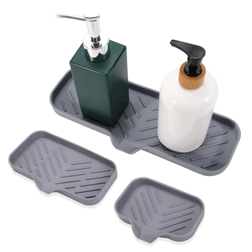 Roucerlin 3er-Set Seifenschale aus Silikon mit Ablaufauslauf, Küchenseifenablage mit Ablauf, selbstentleerende Spülbeckenschale, Schwammhalter, Matten-Organizer für Spender, Schrubber, Flaschenzähler von Roucerlin