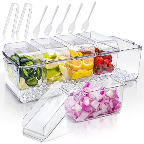 Roucerlin Gekühlter Gewürz-Servierer mit Deckel, 5 herausnehmbare Behälter, 2 Zangen und 5 Gabeln, Bar-Garniertablett, Eis-Serviertabletts für Partys, Outdoor-Essen, Buffet, Obsthalter, unterhaltsam von Roucerlin
