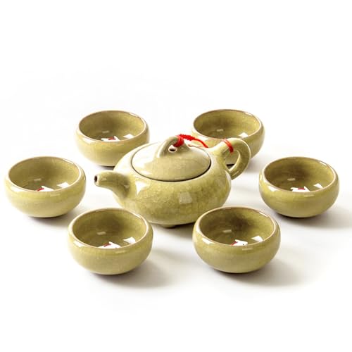 Chinesisch Kung Fu Teeservice, Koi Keramik Teekanne Set,Japanische Teetasse Handgemachte Porzellan Teekanne und 6 Teetassen Set Tee-Liebhaber Tee Set (Hellgelbe, Ökobox) von Rouhuhura