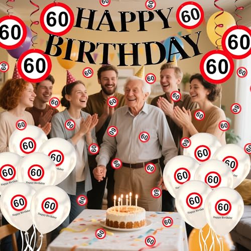 Geburtstag Deko Männer Frauen, 60. Geburtstag Deko mit Girlande, Banner, Konfetti - Verkehrsschild zum Verkehrszeichen 60 Jahre von Rouhuhura