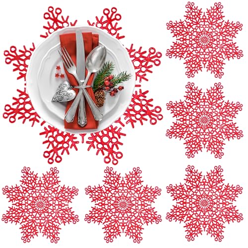 Schneeflocke Tischsets 6er Set,PVC Weihnachten Platzset Dekorationen Schneeflocke Tischsets Ausgehöhltes Design Runde Platz Mats Esstisch Einstellung Küche Tischsets für Weihnachten Hochzeit (Rot) von Rouhuhura