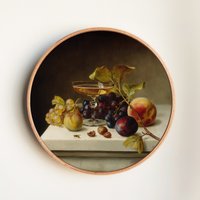 Obst Und Weinglas Stillleben Malerei, Vintage Stillleben, Kunst, Lila Küchen Lebensmittel Malerei von RoundCanvasGallery