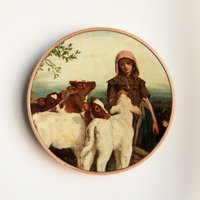 Rustikales Bauernhaus Gemälde - Junge Hirtin Mit Kälbchen Vintage Landleben Art Print Landhausstil Kinderzimmer Wanddeko von RoundCanvasGallery