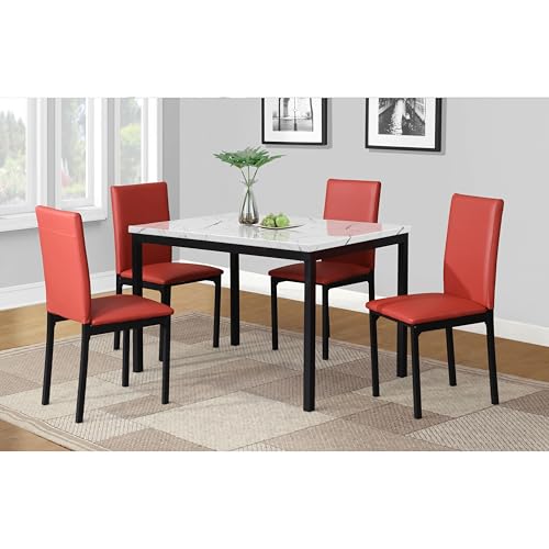 Roundhill Furniture Citico Esszimmer-Set aus Metall, laminierte Marmorplatte, weißer Tisch mit roten Stühlen, 5-teilig von Roundhill Furniture