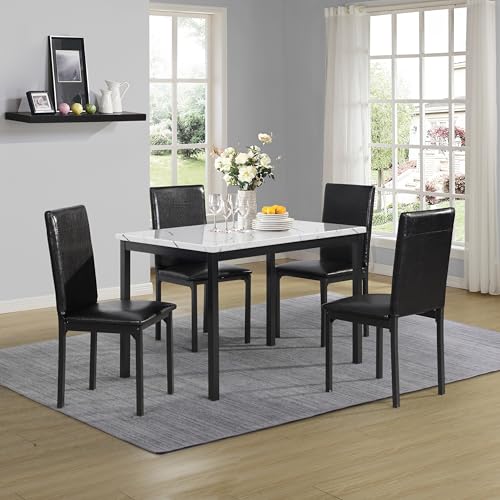 Roundhill Furniture Citico Esszimmer-Set aus Metall, laminierte Marmorplatte, weißer Tisch mit schwarzen Stühlen, 5-teilig von Roundhill Furniture