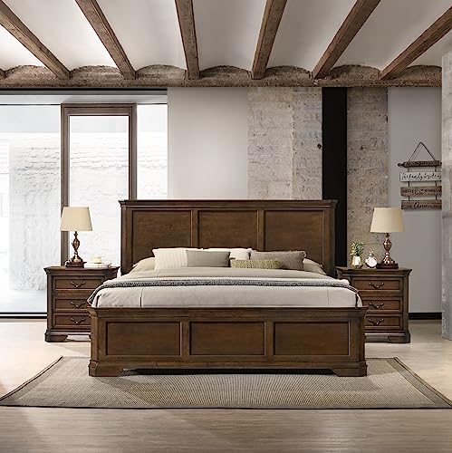 Roundhill Furniture Maderne 3-teiliges Schlafzimmer-Set mit Queen-Size-Bett und zwei Nachttischen, antikes Walnussholz-Finish von Roundhill Furniture
