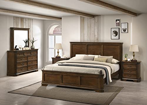 Roundhill Furniture Maderne Traditionelles Holzpaneelbett mit Kommode, Spiegel, zwei Nachttische, Kingsize, antikes Walnussholz-Finish von Roundhill Furniture