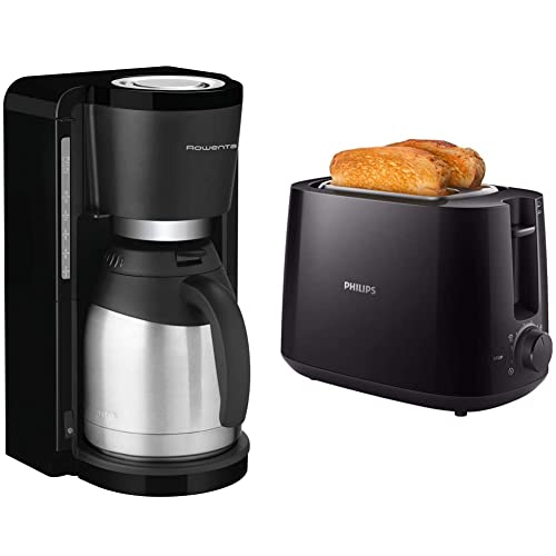 Rowenta CT3818 Filterkaffeemaschine Adagio Milano | 10-15 Tassen| Fassungsvermögen 1,25 L |Schwarz/Edelstahl & Philips HD2581/90 Toaster, integrierter Brötchenaufsatz, 8 Bräunungsstufen, schwarz von Rowenta