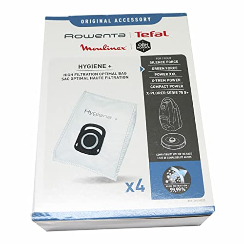 Rowenta Staubsaugerbeutel Hygiene +, automatisches Verschlusssystem, hygienisch, kein Staub-Kontakt, filtert 99,9% der Mikropartikel, 19,5 x 27,5 cm, 4 Stück, weiß, ZR200520 von Rowenta