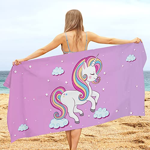 Rowjoy Einhorn Strandtuch, Mikrofaser Strandtuch 70x140cm, Rosa Strandtuch Groß mit Regenbogen Einhorn, Schnell Trocknend Badetuch Schwimmen Duschtuch für Kinder und Erwachsene (Regenbogen-Einhorn B) von Rowjoy