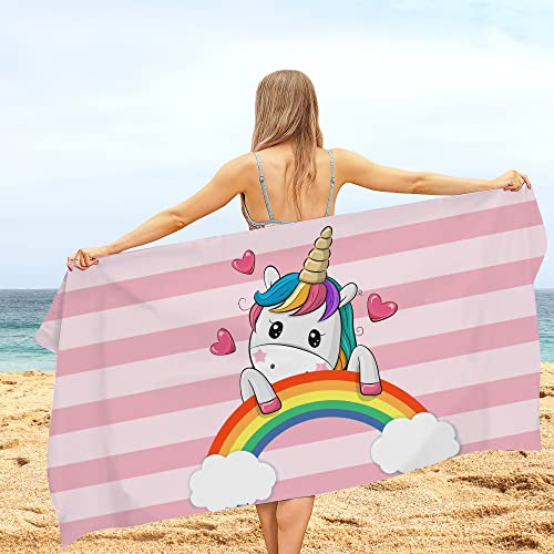 Rowjoy Einhorn Strandtuch, Mikrofaser Strandtuch 80x160cm, Rosa Strandtuch Groß mit Regenbogen Einhorn, Schnell Trocknend Badetuch Schwimmen Duschtuch für Kinder und Erwachsene (Regenbogen-Einhorn) von Rowjoy