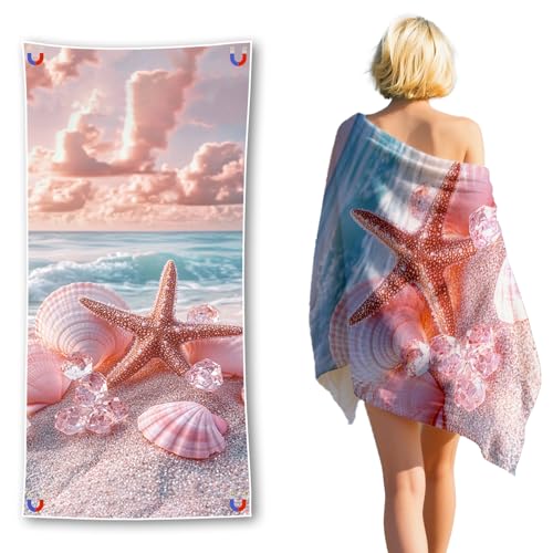 Rowjoy Magnetisches Strandtuch– Magnetisches XXL Badetuch 76x190 cm– Meeresschildkröten, Muscheln & Seesterne Design (Pink#Shell) von Rowjoy