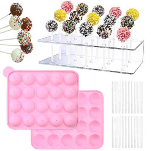 RoxNvm Cake Pop Set, 20 Loch Cake Pop Form mit 20 Stück Cake Pop Stöcke, 15 Loch Acrylglas Cake Pop Ständer, für Hochzeit Geburtstag Party Dekoration von RoxNvm