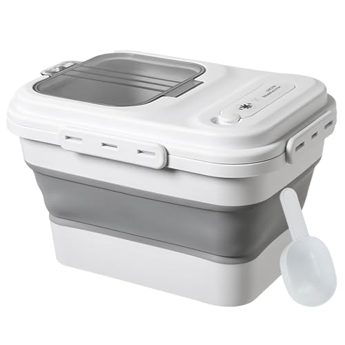 RoxNvm Hundefutter Aufbewahrung, Faltbare Futtertonne Hund 12.5KG, Futterbox Hund mit Löffel, Tierfutterbehälter Siegel, Futterbehälter Hund mit Deckel, Hundefutter Box für Trockenfutter (Grau) von RoxNvm