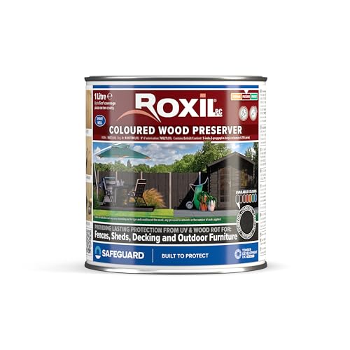 Roxil PC Farbiger Holzschutz (1L) Kohle - Schnell trocknend – Satin Finish | UV-beständig | Holzbeize für Hart- und Weichholz im Innen- und Außenbereich von Roxil