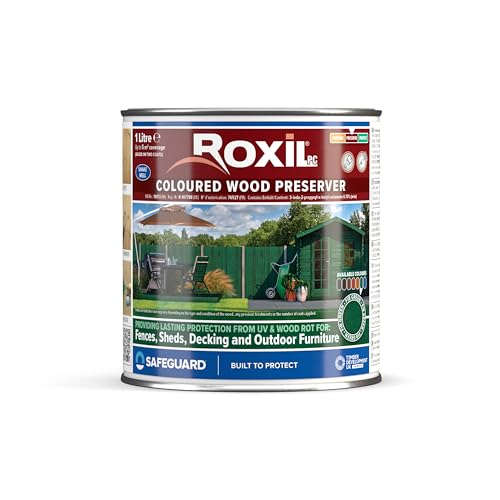 Roxil PC Farbiger Holzschutz (1L) Tannengrün - Schnell trocknend – Satin Finish | UV-beständig | Holzbeize für Hart- und Weichholz im Innen- und Außenbereich von Roxil