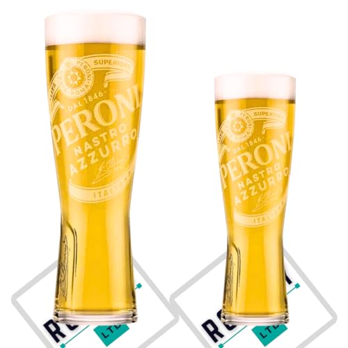 Roxley 1 x Peroni Pint-Glas und 1 x Peroni Half Pint Glas Combo Pack | 56 cl Glas & 28 cl | Kommt auch mit 2 Marken-Bierdeckeln von RoxleyLtd