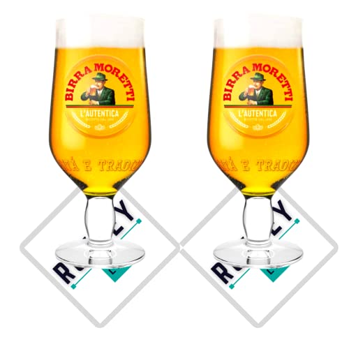 Roxley Moretti Biergläser, 2 Stück, inkl. 2 Bierdeckel mit Markenlogo, Lager Beer 56 cl, Glas, Männerhöhle aus Glas, hergestellt in Großbritannien von RoxleyLtd