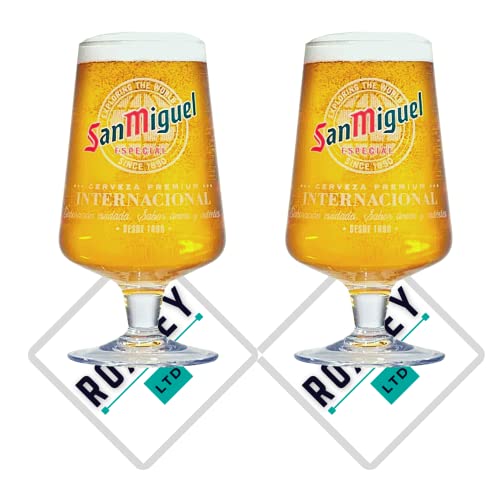 Roxley San Miguel Pint Biergläser X2 | auch mit 2 Bierdeckeln mit Markenlogo | Lager Beer 56 cl Größe Glas Männerhöhle | Hergestellt in Großbritannien von RoxleyLtd