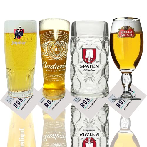 Roxley Set von 4 Draft-Gläsern, Lager, Stella, Budweiser, Spaten, Jupiler, gemischte Pint-Gläser, 4 Stück von RoxleyLtd