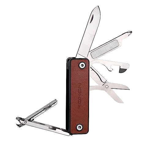 ROXON M4 10 in 1 Tragbare Nagelknipser Multi-Tool mit Leder, Utility Tool mit Sicherheit abschließbar kleines Messer, Schere, Datei, Flaschenöffner, Schraubendreher von Roxon