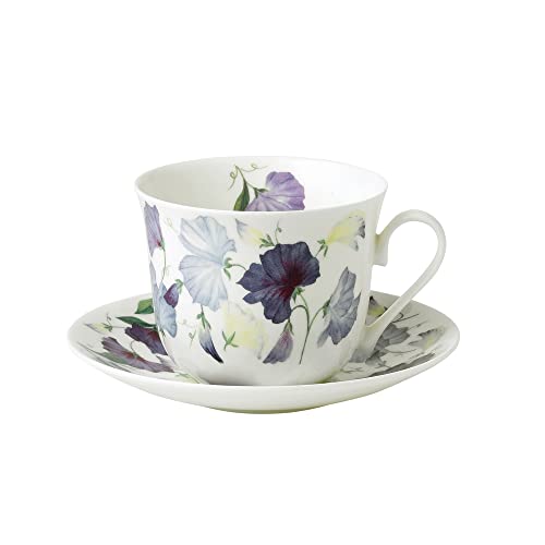 Roy Kirkham Jumbotasse mit Untertasse Sweet Pea, Porzellan, Frhstckstasse, Groer Kaffeebecher mit Untertasse, 450ml von Roy Kirkham
