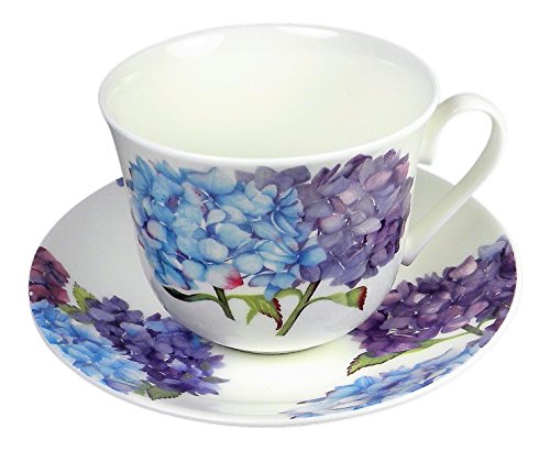 Hortensien-Frühstückstasse und Untertasse, feines Knochenporzellan, mit einer weißen und goldenen Geschenkbox von Roy Kirkham