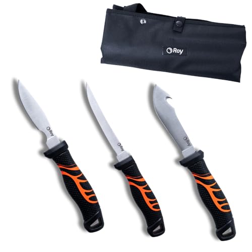 Roy Lux Jagdmesser Set 3-teiliges Wildverarbeitungs-Set mit Ausweidemesser, Hautmesser, Ausbeinmesser, Strapazierfähiges Fleischmesser Set, Griffe mit Hüftbefestigungsgehäuse von Roy