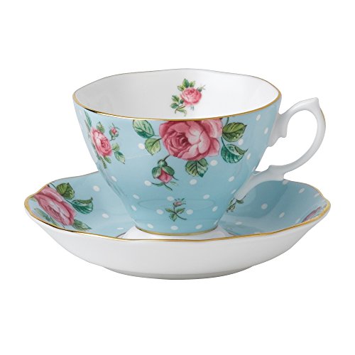 Royal Albert Moderner Stil POLBLU26135 Modern Vintage Teetasse und Untertasse, 2-teiliges Set, Polka Blue, Mehrfarbig, Knochenporzellan, Gepunktet Blau, 20.3cm von Royal Albert