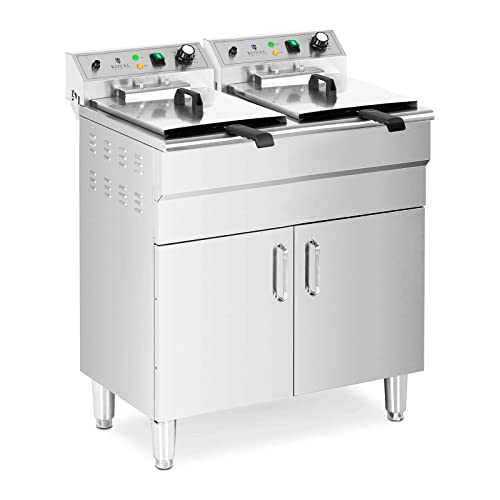 Royal Catering Doppel-Elektro-Fritteuse mit Unterschrank 2 x 16 l (2 x 10 l Öl) 10 000 W Ablasshahn Kaltzone Gastro-Fritteuse von Royal Catering