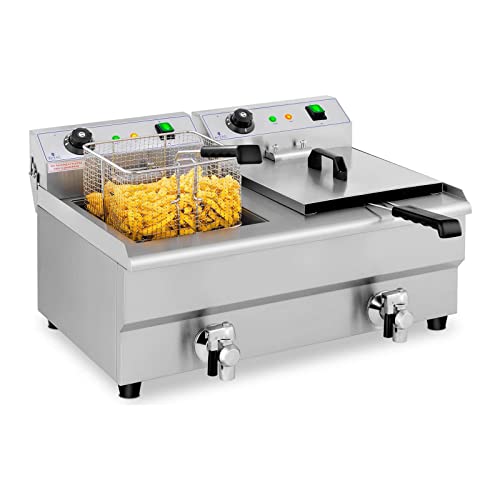 Royal Catering Fritteuse Edelstahl Doppel-Fritteuse RCEF 13DB (2 x 3.200 W, Kapazität: 2 x 13 l, Temperaturbereich: 50-200 °C, Kaltzone, mit Ablasshähnen) von Royal Catering