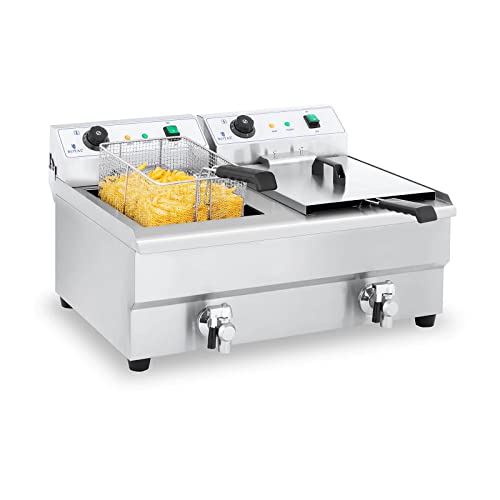 Royal Catering Fritteuse Edelstahl Doppel Fritteuse RCEF 16DH-1 (2 x 16 Liter, 2 x 3.200 Watt, Thermostat, 2 x Ablasshahn, Edelstahl) von Royal Catering