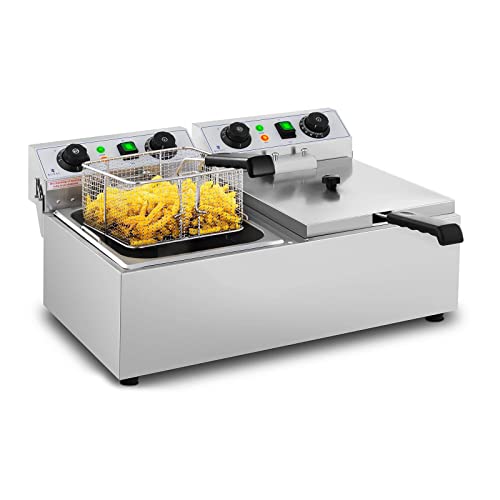 Royal Catering Fritteuse Edelstahl Doppel-Fritteuse RCTF 10DB (2 x 3.200 W, Kapazität: 2 x 10 l, Temperaturbereich: 50-200 °C, Kaltzonen, mit Timer bis 60 Min.) von Royal Catering