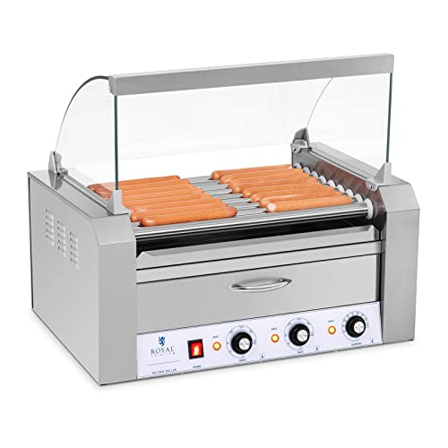 Royal Catering - Hot Dog Grill Hot Dog Maschine (9 Rollen, Edelstahl, 2.200 W, 2 Heizzonen, herausnehmbare Fettauffangschublade, Wärmeschublade, 16 Würstchen, mit Hartglasabdeckung) von Royal Catering