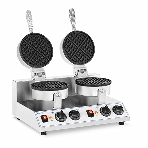 Royal Catering Doppel-Waffeleisen rund 50-300 °C Timer: 1-5 min 2600 W insgesamt separat steuerbar isolierte Handgriffe und rutschfeste Gummifüße belgische Waffeln von Royal Catering