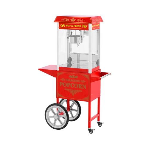 Royal Catering Popcornmaschine mit Wagen, Unterschrank und Ablage Retro-Design in Rot 1600 W 5 kg/h 195/235 °C beleuchteter Innenraum entnehmbarer Topf Popcornmaker Popcornautomat Popcorngerät von Royal Catering