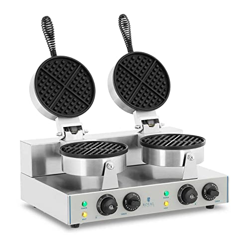 Royal Catering RCWM-2600-R Waffeleisen Waffelgerät Waffelautomat Waffle Maker Belgische Waffel Doppelt Rund (2 x 1.300 Watt, Timer 15 min, Teflon & Aluminium, Edelstahl) von Royal Catering