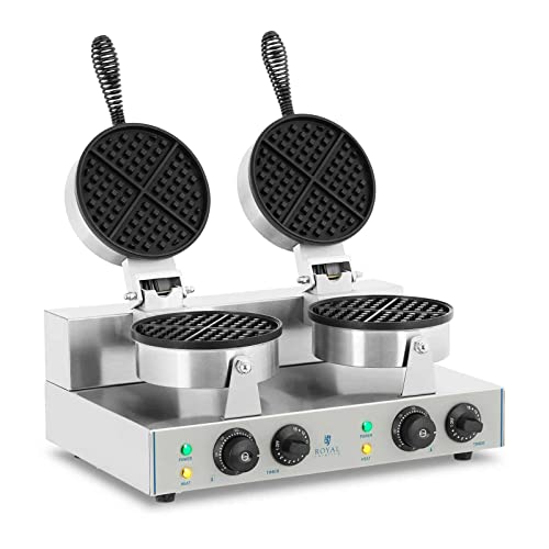 Royal Catering RCWM-2600-R Waffeleisen Waffelgerät Waffelautomat Waffle Maker Belgische Waffel Doppelt Rund (2 x 1.300 Watt, Timer 15 min, Teflon & Aluminium, Edelstahl), Silber von Royal Catering